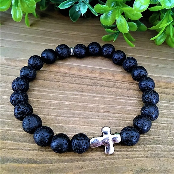New Mens Black Lava Rock Beaded Bracelet - Picture 2 of 6